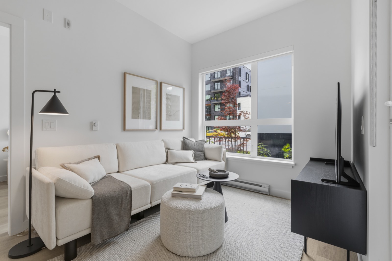 Living room with corner windows